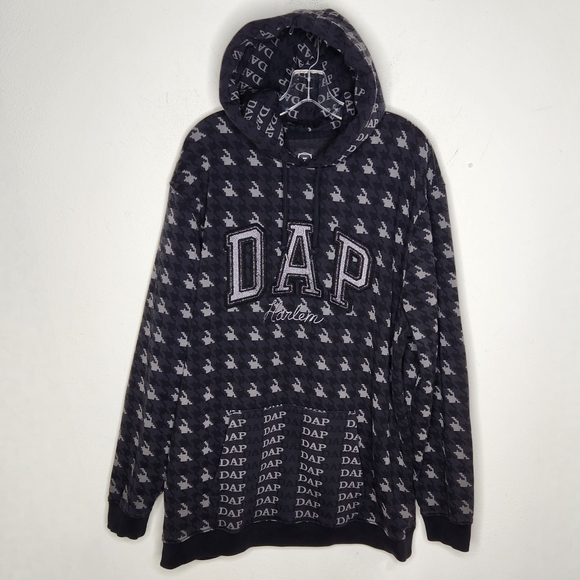 DAP x GAP Dapper Dan Hoodie Size XL TALL Houndstooth Gray Harlem Embroidered AOP - Picture 1 of 8